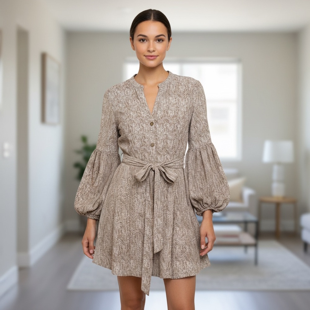 Aakaa Chestnut and cream Button-Down Mini Dress